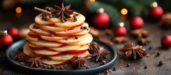 Poster - Christmas tree design made from dried apple slices and spices for traditional beverage or festive decoration concept