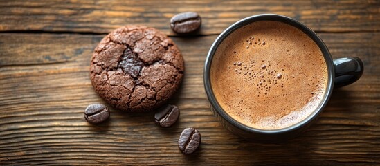 Poster - Coffee cup with chocolate cookie and coffee beans on rustic wooden background, ideal for cozy food and beverage promotional content