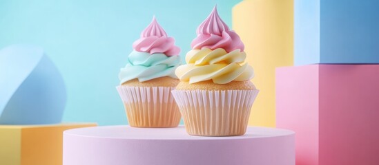 Aufkleber - Colorful cupcakes topped with pastel swirls set against vibrant geometric backgrounds creating a playful dessert composition