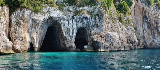 Aufkleber - Serene coastal caves and a picturesque ravine with turquoise waters under a clear sky in a natural landscape environment