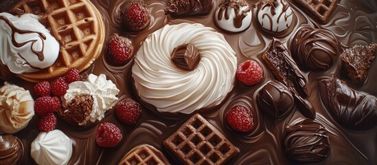 Aufkleber - Delicious chocolate dessert arrangement with cream, waffles, and assorted confections for a decadent treat display
