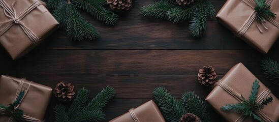 Poster - Christmas gifts in craft paper arranged with spruce branches and pine cones on a wooden surface creating an elegant holiday layout with space for text