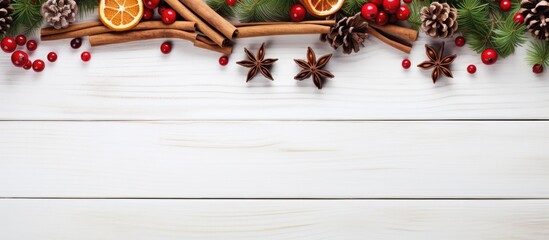 Poster - Festive arrangement of Christmas decorations with pine branches red berries cinnamon sticks and star anise on a rustic wooden background