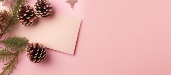 Poster - Stylish Christmas card mockup with pine tree and cones on pink background featuring atmospheric shadows and flat lay design elements