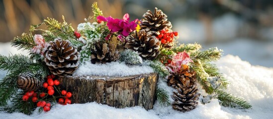Poster - Christmas arrangement on a snow-covered stump with pinecones flowers and festive greenery in a serene winter landscape