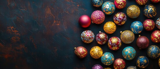 Poster - Colorful decorative Christmas ornaments arranged artistically on a dark textured background creating a festive holiday atmosphere