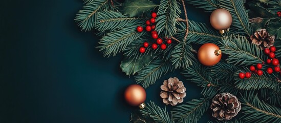 Poster - Elegant Christmas still life with festive ornaments pine cones and holly on a dark background creating a warm holiday atmosphere