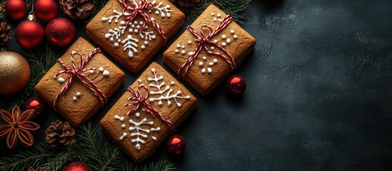 Poster - Homemade gingerbread cookies adorned with icing beside colorful Christmas presents on a dark textured background.