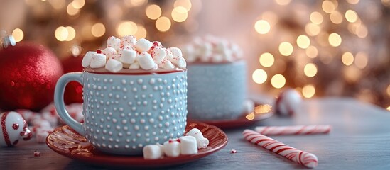 Poster - Festive hot chocolate mugs with marshmallows and peppermint stirrers on a holiday-themed table with a warm bokeh background