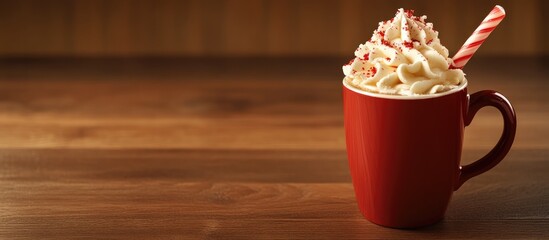 Poster - Festive red mug with whipped cream and candy cane on wooden table with copy space for holiday beverage promotions or seasonal greetings.