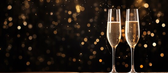 Poster - Elegantly styled champagne flutes with sparkling backdrop ideal for celebrations and festive occasions representing luxury and joy