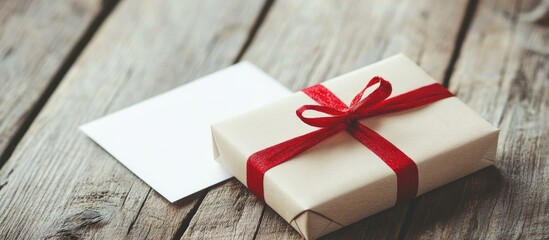 Aufkleber - Christmas gift box with red ribbon and blank card on rustic wooden table for holiday celebrations and personalized greetings