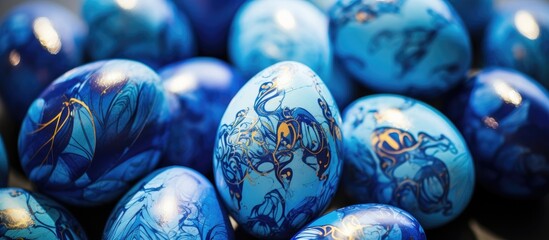Aufkleber - Elegant assortment of decorative blue Easter eggs featuring intricate designs and textures set against a soft blurred background.
