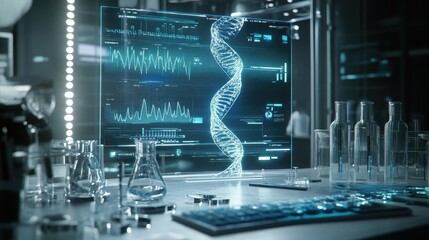 Poster - AI analyzing human genomics with holographic DNA visualizations in a lab setting Conceptual rendering of advancements in genetic research powered by technology