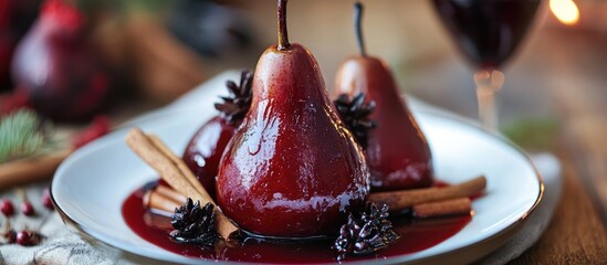 Poster - Elegant poached mulled pears in red wine garnished with spices served on a festive plate surrounded by holiday decor and soft lighting