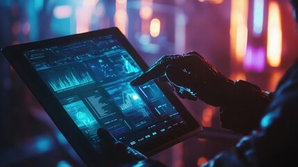 Poster - AI assistant interacting with a smart tablet displaying complex analytics and real-time data Futuristic visualization of user interfaces blending artificial intelligence and technology