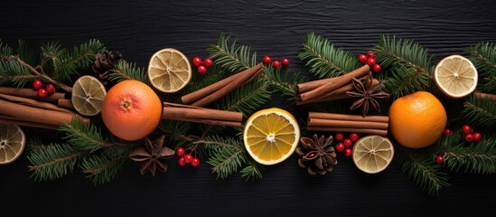 Poster - Christmas flat lay with tree branches, spices, fruits, and nuts on a black backdrop creating a festive holiday atmosphere.