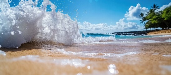 Aufkleber - Close up view of ocean waves breaking on golden sandy beach under bright blue sky with fluffy clouds and tropical palm trees in background