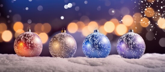 Poster - Festive Christmas baubles nestled in snow with blurred warm lights creating a magical winter holiday atmosphere