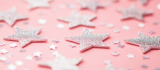 Poster - Glittering star shaped silver confetti scattered on a soft pink background ideal for festive celebrations and party invitations