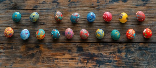 Fototapete - Colorful painted Easter eggs arranged on rustic wooden table surface with space for text and advertising opportunities.