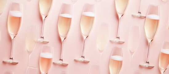 Poster - Champagne glasses arranged in a creative pattern on a minimal pastel pink celebration backdrop for festive occasions.