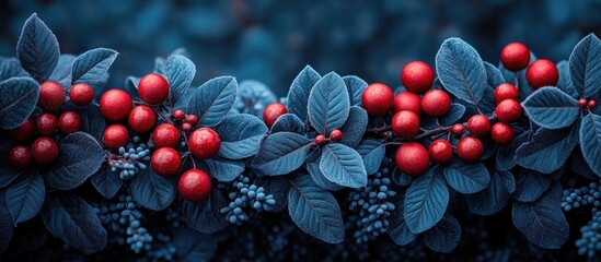 Aufkleber - Winter holiday minimalism featuring vibrant red berries against dark foliage for a modern festive design backdrop. Elegant seasonal concept.