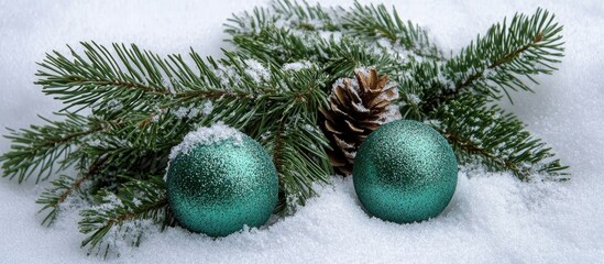 Poster - Christmas fir branch with turquoise ornaments and pine cone on fresh snow for festive winter decoration concepts