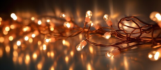Aufkleber - Close up of glowing LED fairy lights on a flexible copper wire creating a warm and inviting ambiance in a dark setting