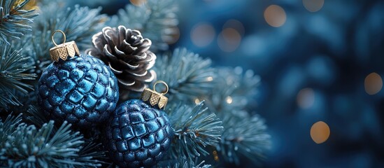 Aufkleber - Elegant blue and silver Christmas ornaments shaped like pineapples amidst festive pine branches on a dark blue background