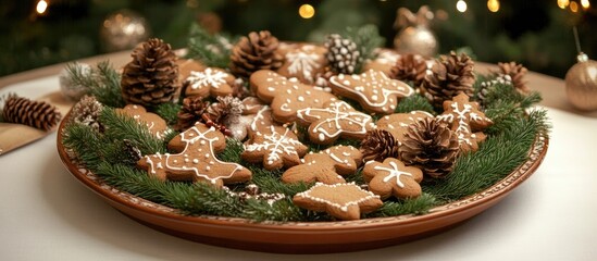 Poster - Gingerbread cookies pine cones and spices arranged on a festive platter for winter holiday celebrations and Christmas decor