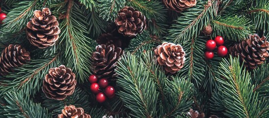 Poster - Close up of a festive wreath featuring fresh spruce branches, pine cones, and seasonal red berry decorations for winter celebrations