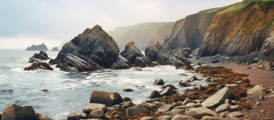 Aufkleber - Scenic coastline with rocky formations and a stony beach amid serene ocean waves and rugged cliffs under a misty sky