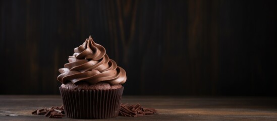 Aufkleber - Chocolate cupcake adorned with rich chocolate mousse frosting on a rustic dark wooden surface ideal for dessert and bakery promotions