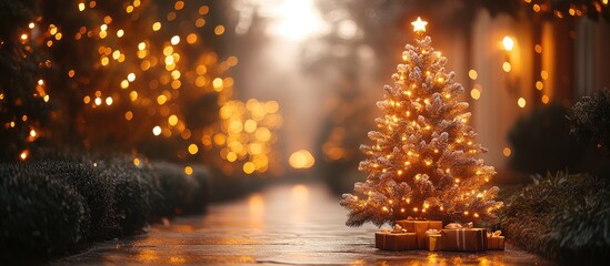 Poster - Warmly lit chocolate tree adorned with Christmas decorations and presents in a festive outdoor setting during the holiday season.