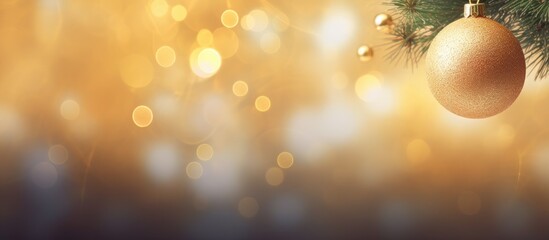 Poster - Elegant Christmas ornament hanging on tree branch with warm bokeh background and soft glowing effects creating a festive atmosphere.