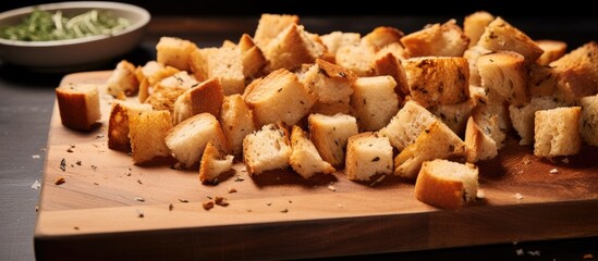 Poster - Freshly toasted croutons arranged on a wooden cutting board ready for salads or soups in a rustic kitchen setting