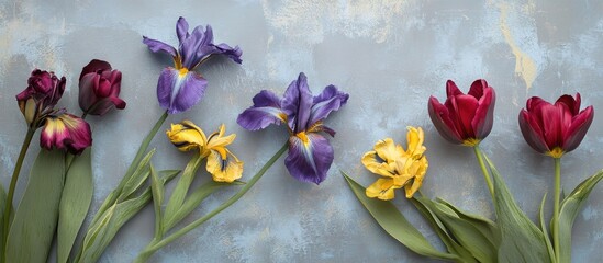 Aufkleber - Colorful spring tulips and irises arranged on a textured gray background ideal for adding promotional text or messages