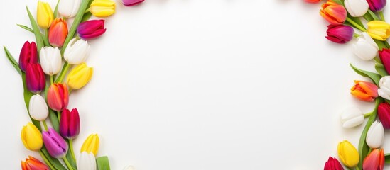 Aufkleber - Colorful tulips arranged in a circular frame on a white blanket creating a vibrant spring background with space for text and design elements