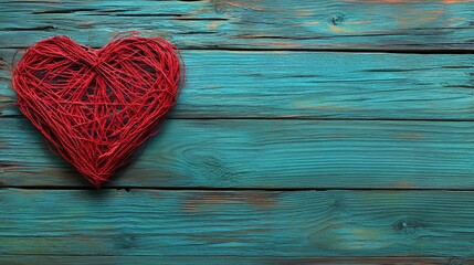 Wall Mural - Red yarn heart on rustic turquoise wooden background