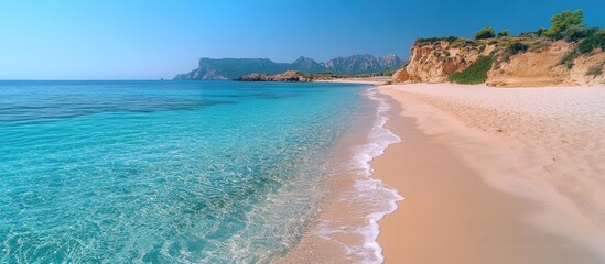 Poster - Pristine sandy beach with calm turquoise waves and stunning coastal cliffs under a clear blue sky