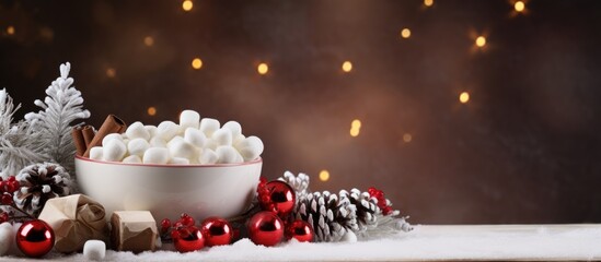 Poster - Festive holiday cocoa with marshmallows garnished with ornaments and pinecones on a blurred backdrop for seasonal celebrations