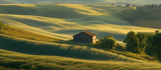Poster - Serene Countryside Landscape with Rolling Hills and a Rustic House at Sunrise