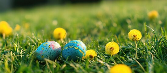 Poster - Colorful Easter eggs on green grass with dandelions providing a vibrant spring scene and ample copy space for seasonal promotions