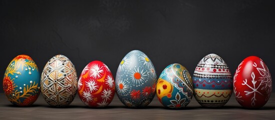 Fototapete - Vibrantly decorated Easter eggs arranged on a textured gray background showcasing intricate patterns and bright colors.