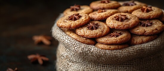 Aufkleber - Cinnamon cookies arranged in a rustic gunnysack with star anise on a dark wooden surface.
