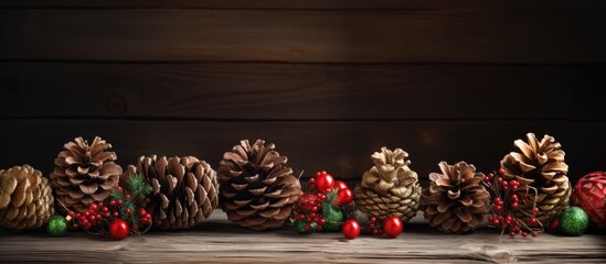 Poster - Festive pine cone and toy Christmas decorations arranged on rustic wooden background creating a warm holiday atmosphere