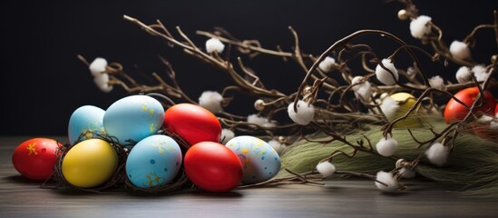 Aufkleber - Vibrant Easter eggs arranged on a wooden table with willow branches creating a festive spring atmosphere in closeup detail