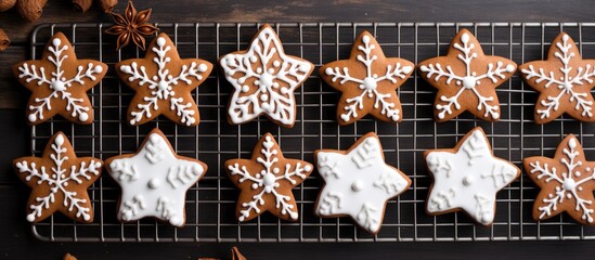 Poster - Christmas gingerbread cookies decorated with icing arranged on a cooling rack for festive holiday baking display