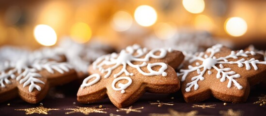 Aufkleber - Gingerbread cookies decorated with icing on a festive background with soft focus lights creating a warm holiday atmosphere